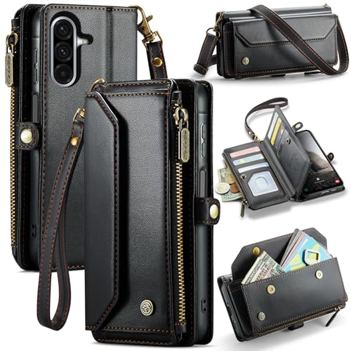 FONREST - Custodia a portafoglio in pelle per Samsung Galaxy A17 5G, cover magnetica a libro con cavalletto, 10 slot per carte con blocco RFID, portamonete, chiusura a zip, cinghia da polso (Nero)