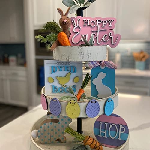 Naladoo 9pcs Easter Tiered Tray Decorations Spring Tiered Tray Decorations Wooden Eggs Sign Ornaments, Farmhouse Mini Spring Decor Cake Rustic Wood Tiered Tray Decor for Spring Home Decor