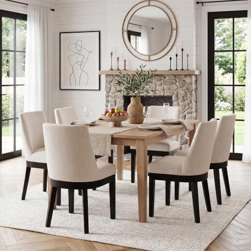 Image of HNY Modern Dining Chairs Set of 6 with Comfortable Back Support, Farmhouse Soft Linen Upholstered Dining Room Chairs with Black Solid Wood Legs, Armless Kitchen Side Chairs for Living Room, Beige