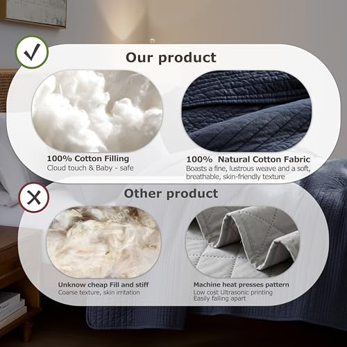 Image of palassio Striped Navy Blue 100% Cotton Quilt Queen Size Bedding Sets, Lightweight Crinkly Channel Pick Stitch Textured Bedspread Soft Shabby Chic Farmhouse Country Coverlet for All Season, 2 Shams