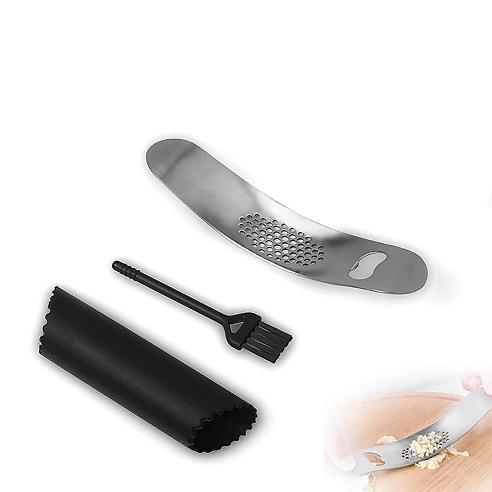 N / A Kitchen Grater Garlic PressStainless Steel Garlic Press Family Kitchen Helper/with Silicone Garlic Peeler/Cleaning Brush/Easy to Clean(Silver)