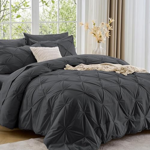 Image of Sasttie Queen Comforter Set, 7-Piece Bed in a Bag, Pintuck Bedding Set for All Season, Includes Comforter, Flat Sheet, Fitted Sheet, Pillowcases and Pillowshams, Dark Grey