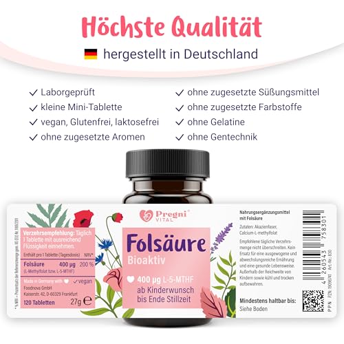 PregniVital Folsäure 400µg - L-5-MTHF Folsäure Kinderwunsch und Schwangerschaft* - hochdosiert, optimal bioverfügbar - 120 Tabletten