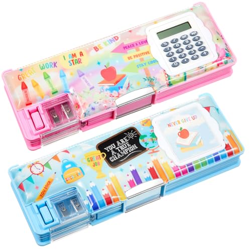 Henoyso 2 Pcs Multifunctional Pencil Case with Calculator for Girls, Cute Plastic Pencil Box with Sharpener, Pen Pouch School Supplies Gifts for Christmas Girls Boys(Book, Schoolbag)