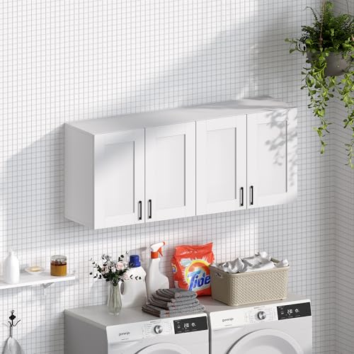 Image of White Laundry Room Cabinets and Storage with 3 Doors and Utility Adjustable Shelf,Gabinetes Para Cocina Cupboard Kitchen Organizers and Storage Pantry Wall Mounted 12.4 inchD x 35.4 inchW x 19.7 inchH