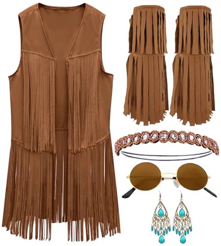 kasahara Hippie Kostüm Damen Set Cowgirl Kostüm Hippie Tassel Weste Back To 70er Jahre Schlagermove Outfit Halloween Mottoparty Karneval Festival Faschingskostüme Boho Chic Outfit (Brown, XL)