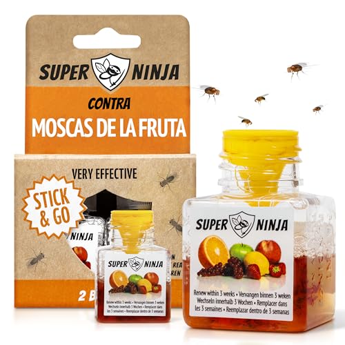 Super Ninja Trampas para Moscas de la Fruta   Pack de 2, Trampa para Moscas Interior, Hogar y Cocina, Cebo Líquido Altamente Efectivo, hasta 3 Semanas de Eficacia, Seguras para Niños y Mascotas.