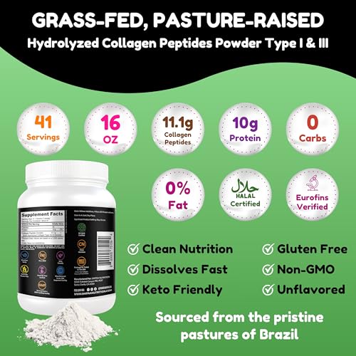 Image of Halal & Grass Fed Collagen Peptides Powder 1LB (16oz) Tub. Unflavored Hydrolyzed Collagen Peptides Powder Type I & Type III for Hair, Skin, Nails & Joints | Keto & Paleo Friendly | Sugar & Gluten Free
