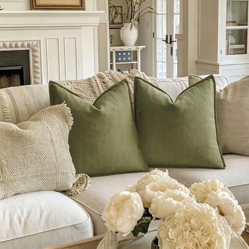 Image of ZWJD Olive Green Pillow Covers 20x20 Set of 2 Chenille Throw Pillow Covers with Elegant Design Soft and Luxurious Decorative Throw Pillows for Couch, Bed, and Home Decor