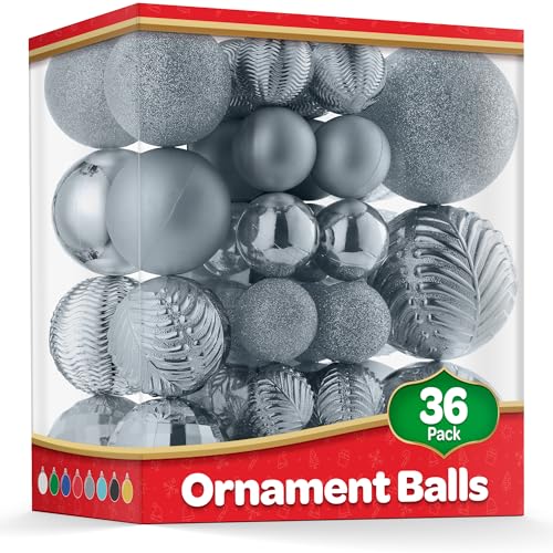 Christmas Ornaments Set of 36 - Beautiful [Silver] Christmas Tree Decorations Ornaments Set - 6 Style Christmas Ball Ornaments - Shatterproof/Pre-Strung - for Holiday/Party/Decorations/DIY