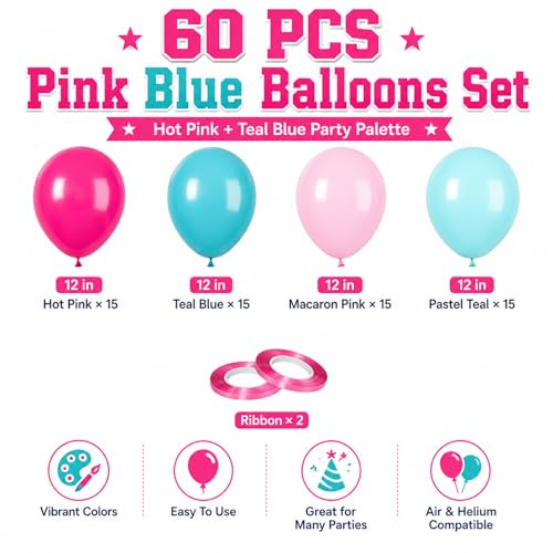 Image of Teal and Pink Balloons, 60PCS Teal Pink Balloon Set, 12 Inch Blue Rose Red White Latex Metallic Confetti Balloons for Baby Shower Birthday Wedding Bridal Shower Hawaii Summer Party Decor