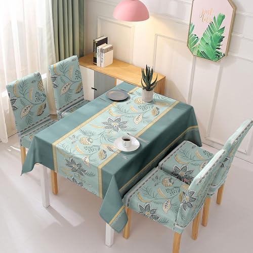 Image of Styleys Dining Chair Covers with Rectangular Table Cover | Waterproof Dining Table Cloth for Dining Room - 1 Table Cover + 4 Chair Cover, Teal Gold Bloom, XKFSZB-5A