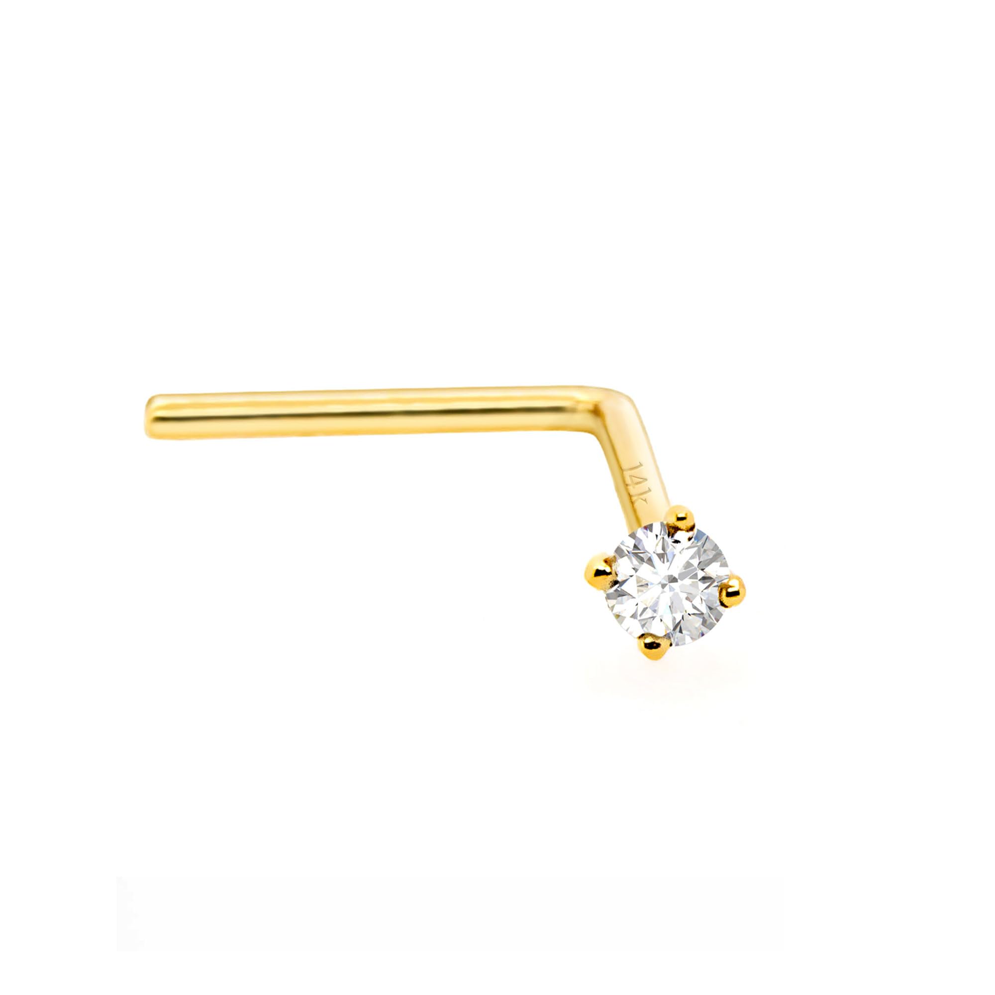 Jewelry Avalanche14Kt Gold Real Diamond Nose Stud 22G L-Shape Nose Ring Stud - Nose Piercing Jewelry - April Birthstone