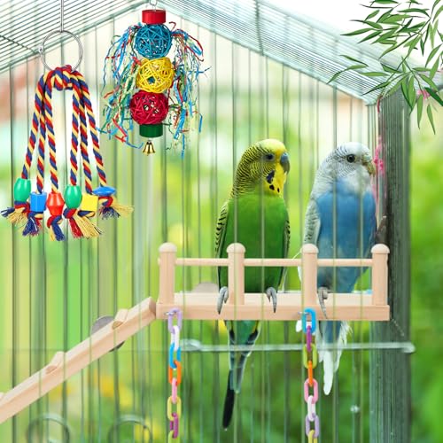 Image of 6 Pcs Parakeet Cockatiel Bird Toys, Parrot Swing Chewing Hanging Toys, Colorful Style Parrots Cage Accessories, Interactive Chew & Climb Play Set (Interactive Style)