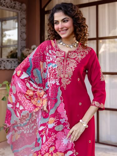 Image of INDO ERA Women's Rayon Viscose Rayon Embroidered Straight Kurta & Salwar with Dupatta Set