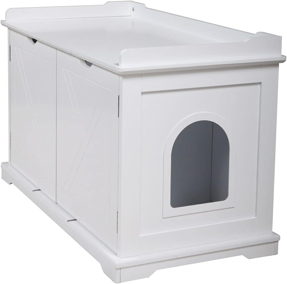 4everwinner Cat Litter Box Enclosure Furniture Pet House Indoors Cat Washroom Bench Side Table Nightstands 37.3”L x 18.9”W x 22.4”H, White