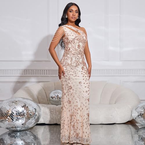 Image of Cololura Women Sequin Elegant Sexy One Shoulder Tassel Mermaid Bodycon Cocktail Evening Dress