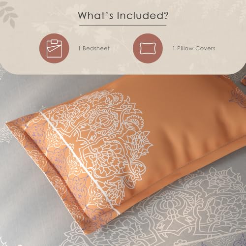 Image of Spaces Fiora Ornate Single Bedsheet with 1 Pillow Covers | 100% Cotton Bed Sheet | Percale Bedding Set | Super Soft & Breathable Bedsheet | Light Grey | 152 x 228 Cm