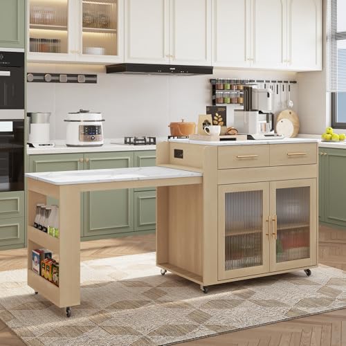 Image of HLR 72 inch Extendable Rolling Kitchen Island with Storage, Island Table on Wheels with Marble Grain Countertop & Power Outlet, Portable Island Cart with Cabinets, Drawers and Shelves, Wood