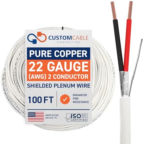 22 Gauge Wire (22 AWG) - 2 Conductor Stranded Copper Shielded Cable - UL Listed 22/2 Home Electrical Wire - Low Voltage Up to 300V - CL3P Low Smoke Plenum Jacket - USA Made (100ft - White)