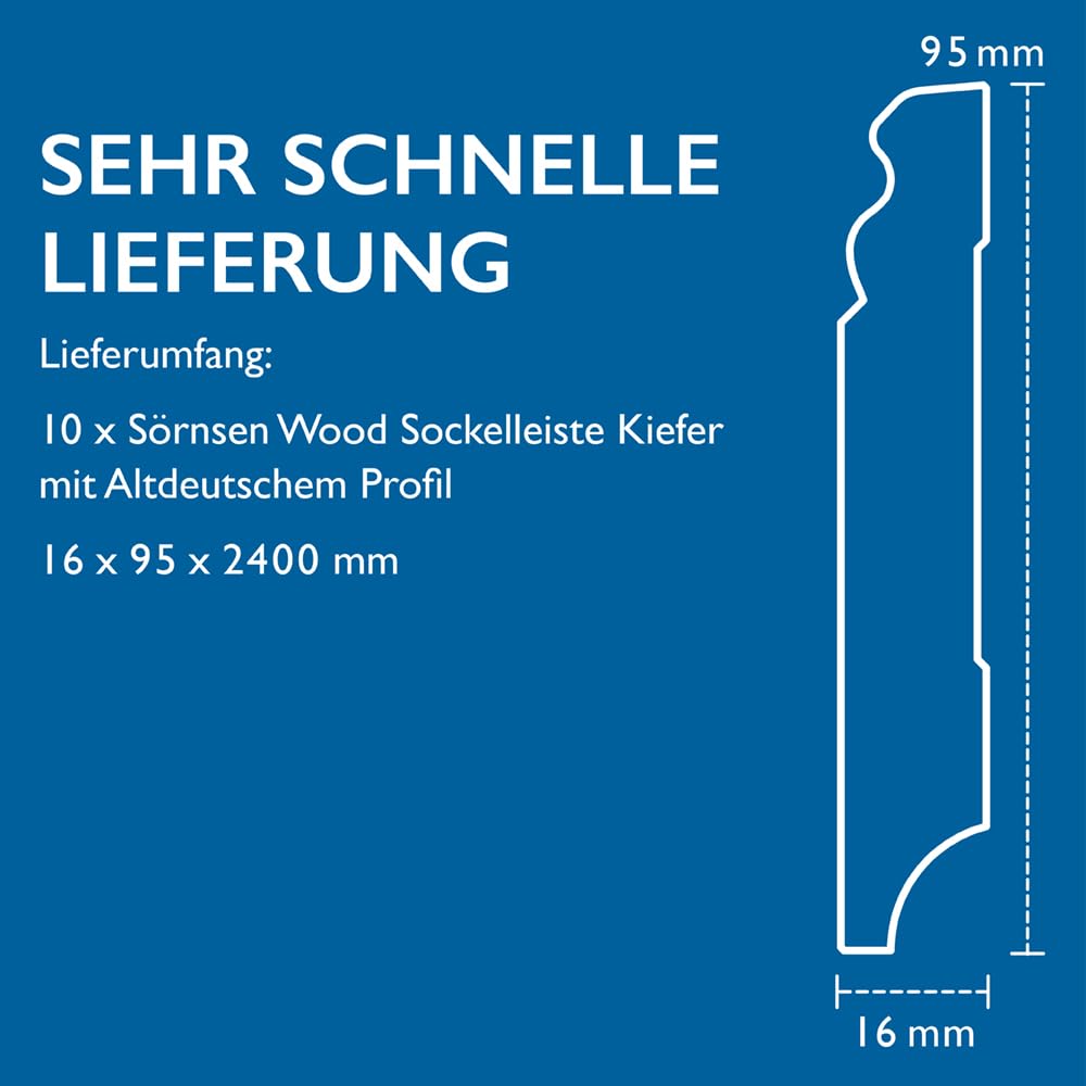 Sockelleiste Kiefer – 16x95x2400 mm, 10 Stück, weiß RAL 9016 lackiert