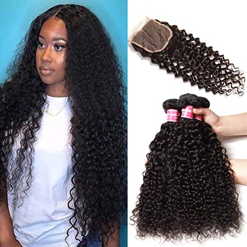 Jolia Hair 8A Brazilian Curly Weave Human Hair for Natural Hair with Lace Closure Free Part 100% Unprocessed Human Hair Bundles with Closure (14 16 18+12" Closure)