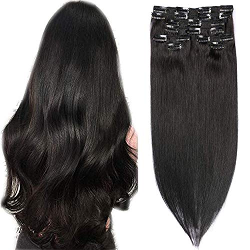 Hair Extensions Clip in Human Hair Natural Black Color Clip on Hair Extensions 8pcs 180g 100% Clip in Real Hair Extensions Full Head Silky Straight(22inch,1B)