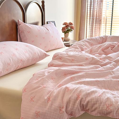 Covebett Bettwäsche 135x200 Rosa Weiß Kariert mit Rosa Schleifen Muster...
