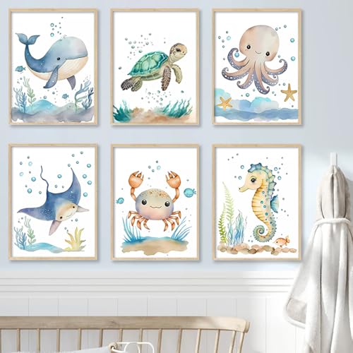 BeiYiHo 6 Poster Animaux Marins Enfant Affiche Mer Enfant Tableau Chambre Bebe Hippocampes Baleines Tortue Toile Decoration Murale Chambre Enfant Garcon Cadeau...