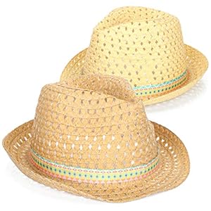 Wilhelm Sell® 2X Sombrero de Paja, Sombrero Panamá marrón para el Sol, Sombrero Fedora/Trilby con Cinta de Colores, Unisex, para Mujeres y Hombres [la selección varía] (Beige)