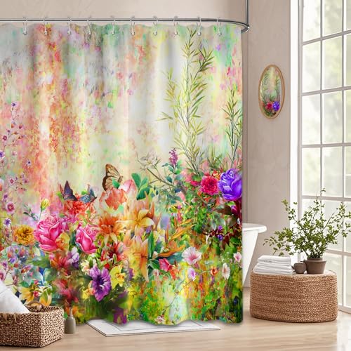 Tonmue Floral Shower Curtain Colorful Flower Butterfly Spring Summer Bathroom Decor, Waterproof Cloth Fabric with Hooks 70