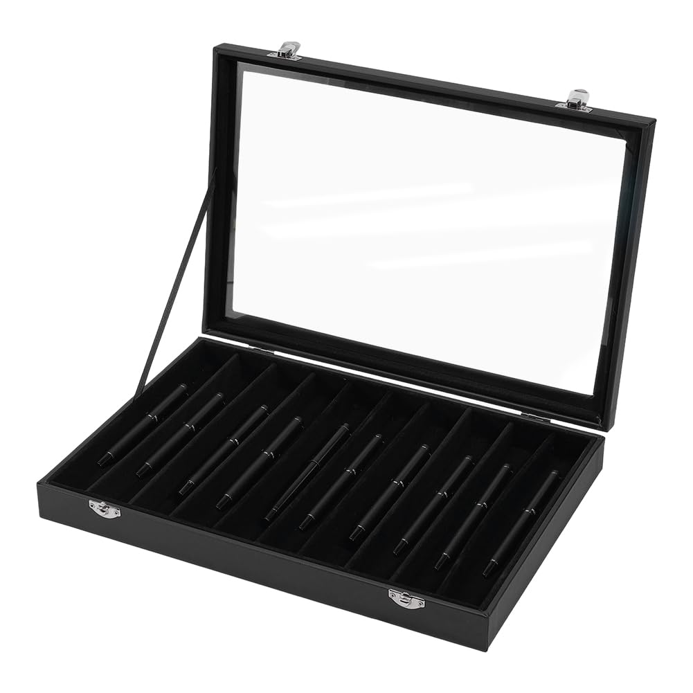 PH PandaHall 8 scomparti in pelle PU per penne stilografiche, scatola organizer nera con fibbia in metallo, custodia da collezione con finestra trasparente interna in velluto per ufficio, casa, regalo
