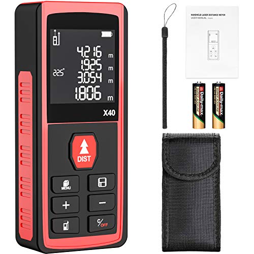 Telémetro láser, papasbox 40M Profesional Medidor Laser de Distancia Metro Laser con Sensor de Ángulo Electrónico LCD Pantalla Reiluminada IP54 Rápida Medición de Distancia Volumen y área(B40-rojo)