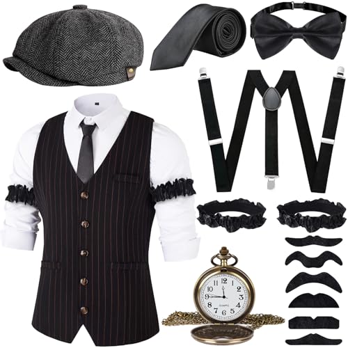 JONRRYIN Costume Homme Année 20 Accessoires, 1920 Déguisement Mafieux Homme Set, Robe annee 20 Hommes Accessoires avec Gilets et Divers Accessoires pour Halloween, Carnaval (Noir, L)