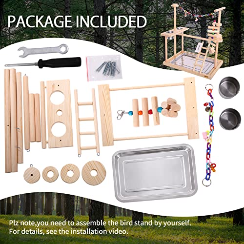 QBLEEV Parrot Playstand Bird Play Stand Cockatiel Playground Wood Perch Gym Playpen Ladder with Feeder Cups Toys Exercise Play (Include a Tray)