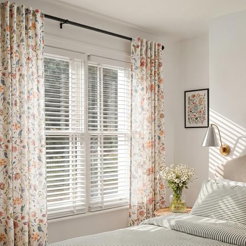 Image of jinchan Beige Floral Linen Curtains 90 Inch Cottage Core Back Tab 2 Panels | Vintage, farmhouse, light filtering, semi sheer, drapes, flower, living room, bedroom, privacy, rod pocket, window treatment