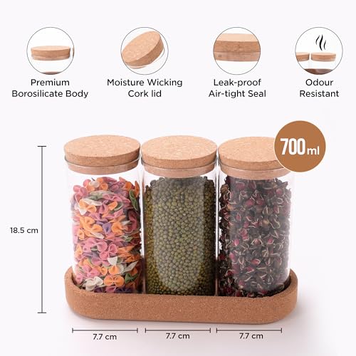 Image of UMAI Borosilicate Glass Jars for Kitchen with Cork Lid and Cork Tray | Kitchen Containers Set | Pack of 3 | 700ml each| Airtight Glass Containers with lid | Organization | Multipurpose | Transparent |