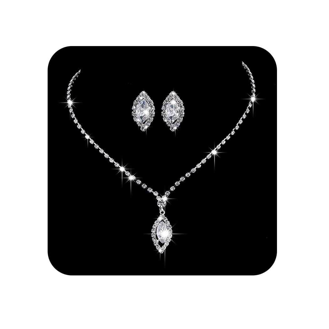 Unicra Juego de collar y aretes de boda para novia, juego de joyas de plata con diamantes de imitación, gargantilla nupcial de plata para mujeres y niñas