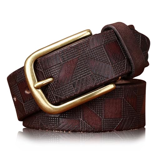 Laser Engraved Genuine Leather Belt for Men, Stylish Mens Waist Belt - Classic Brass Buckle - Packed in Gift Box