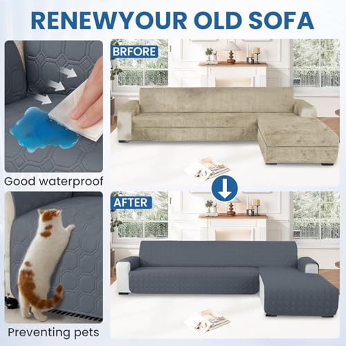 Miniatura 5 de Ystyle Fundas Para Sofa Chaise Longue 3 Plazas Impermeable, Fundas Sofa Chaise Longue Izquierda Derecha Universal Reversible, Protector De Muebles Antideslizante Y Antimanchas, Gris Oscuro