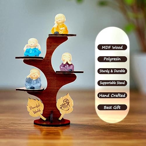 Image of Precious Art Gifts Buddha Monk Under Tree Showpiece Set of 4 for Home Decor | Monk Tree Statue with Wooden Stand | Meditation Buddha Figurines | Spiritual Gift & Office Table Decor