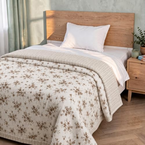 Image of Florida Reversible Cotton Dohar - Single Size (220x160 cm, 90 GSM, Brown Floral Pattern), Soft & Lightweight Blanket for All Seasons, Breathable & Skin‑Friendly Fabric