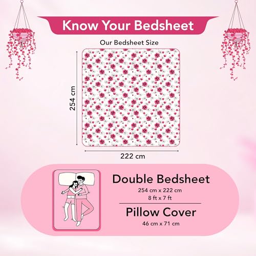 Image of Divine Casa 144 TC Cotton Double Bedsheet with 2 Pillow Covers | Soft Breathable Wrinkle Free Bedsheet for Double Bed | Printed Bed Sheet Set for Bedroom | 222 x 254 cm (Pink Blossom, Floral)