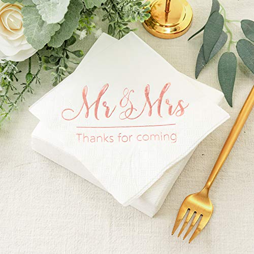 Crisky Wedding Napkins Mr Mrs Rose Gold Cocktail Beverage Dessert Napkins For Wedding Tabel Decoration Engagement Party Supplies, 100 Pcs, 3-Ply #TOP5