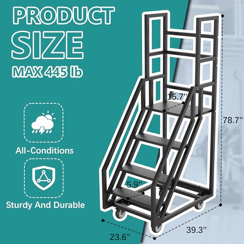 Image of 4 Step Rolling Ladder,39.3 inch W x 23.6 inch D x 78.7 inch H Handrails Anti Slip Storehouse Stair Ladder with Wheel,Movable Industrial Rolling Stairs,Suitable for Libraries Storehouse