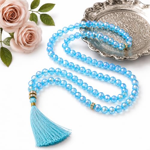 Image of Islamic Salat Prayer Tasbih - 100 Crystal White Beads - Tasbeeh for Dhikr, Zikr, and Meditation (Blue)