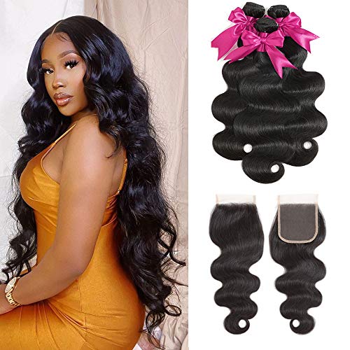 Body Wave Human Hair Bundles with Closure (18 20 22+16 Inches) 9A Brazilian Human Hair Bundles with Closure 100% Unprocessed Virgin Body Wave Hair Weave 3 Bundles with 4x4 Free Part Lace Closure