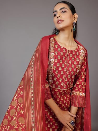 Image of Libas Printed Cotton Straight Kurta With Palazzo and Dupatta