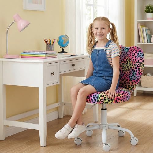 Image of Kmax Kids Reading Chair, Rolling Cute Desk Chair for Girls Swivel Office Chair with Wheels & Heart Back Adjustable Childrens Vanity Chair for Bedroom Reading Room - Faux Fur, Leopard