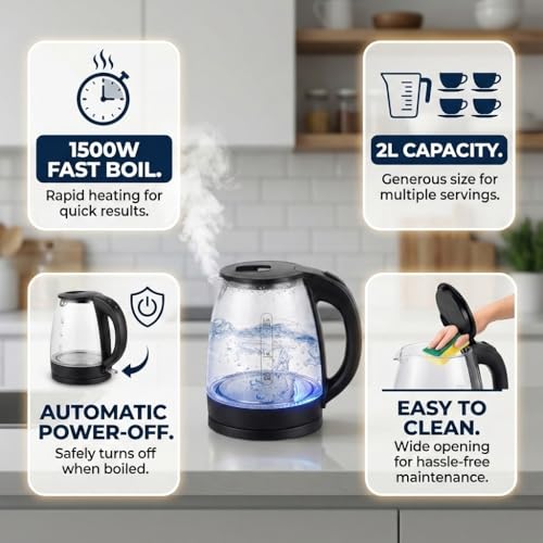 Image of 2L Glass Electric Kettle | Borosilicate Glass Body with Blue backlight and Stainless Steel Heating Plate,360 Base | Fast Boil Water Kettle for Tea, Coffee & Instant Beverages (TRANSPARENT)